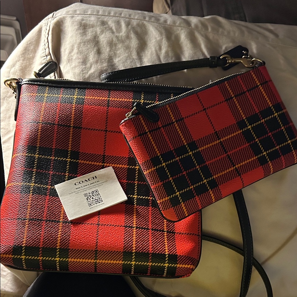 Coach Red and Black Plaid Crossbody Bag Set